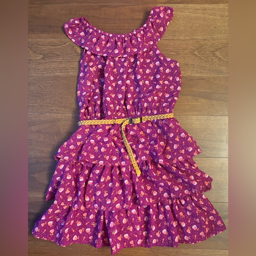 Girls Size 10-12 Purple Floral Ruffle Dress with Mustard Yellow Belt